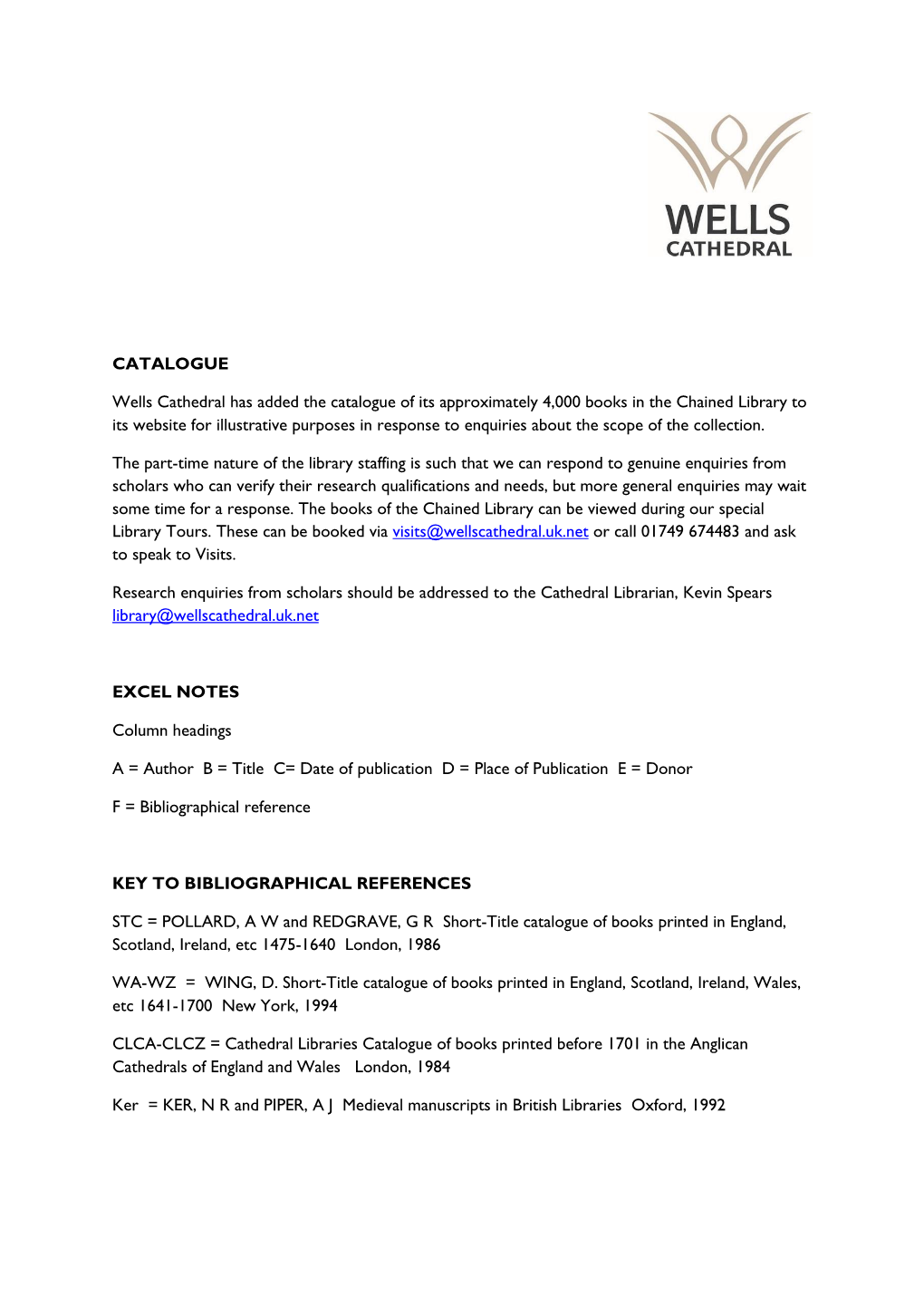 Wells Cathedral Chained Library Catalogue by Author - A