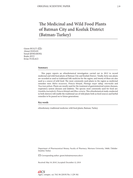 The Medicinal and Wild Food Plants of Batman City and Kozluk District (Batman-Turkey)