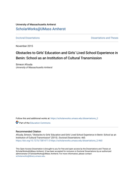 Obstacles to Girls' Education and Girls' Lived School Experience in Benin: School As an Institution of Cultural Transmission