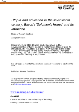 Utopia and Education in the Seventeenth Century: Bacon's