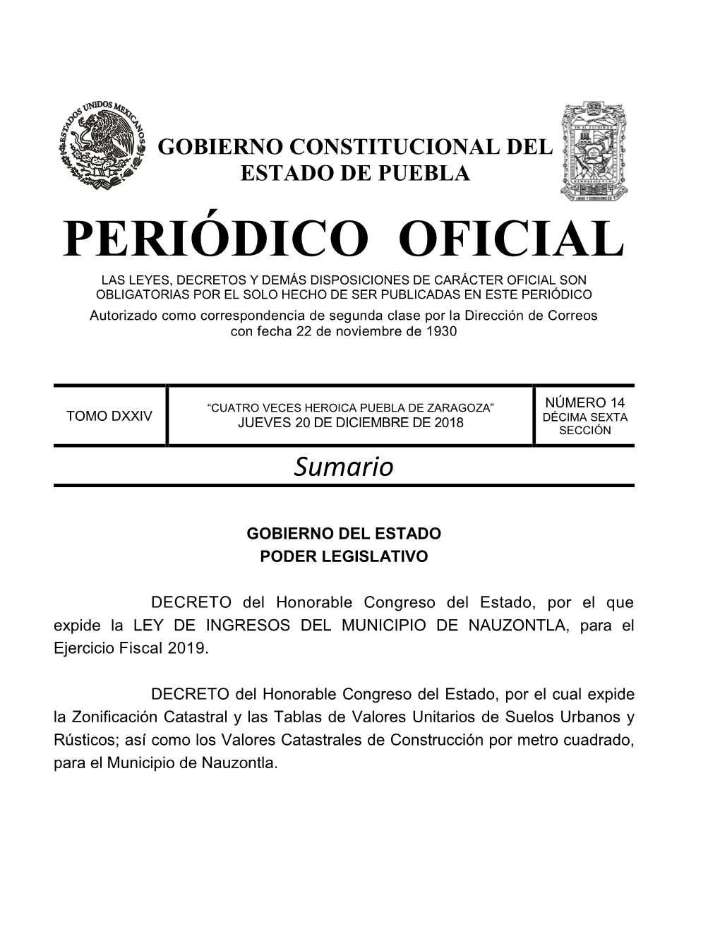 LEY DE INGRESOS DEL MUNICIPIO DE NAUZONTLA, Para El Ejercicio Fiscal 2019