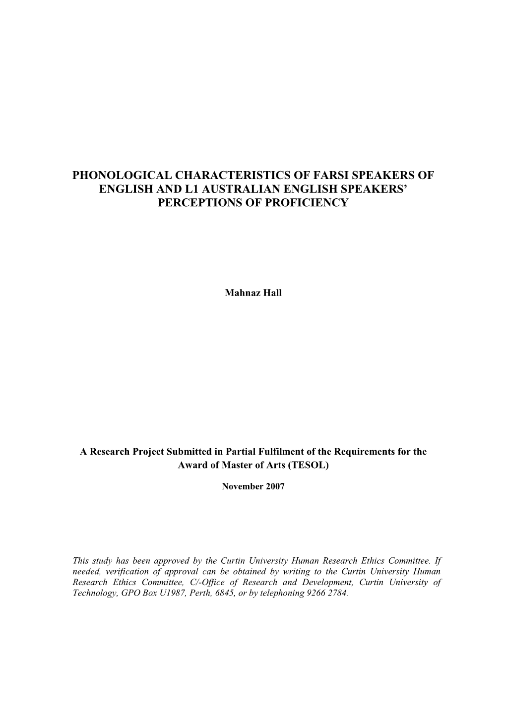 Phonological Characteristics of Farsi Speakers of English and Australian English L1 Speakers' Perceptions of Proficiency