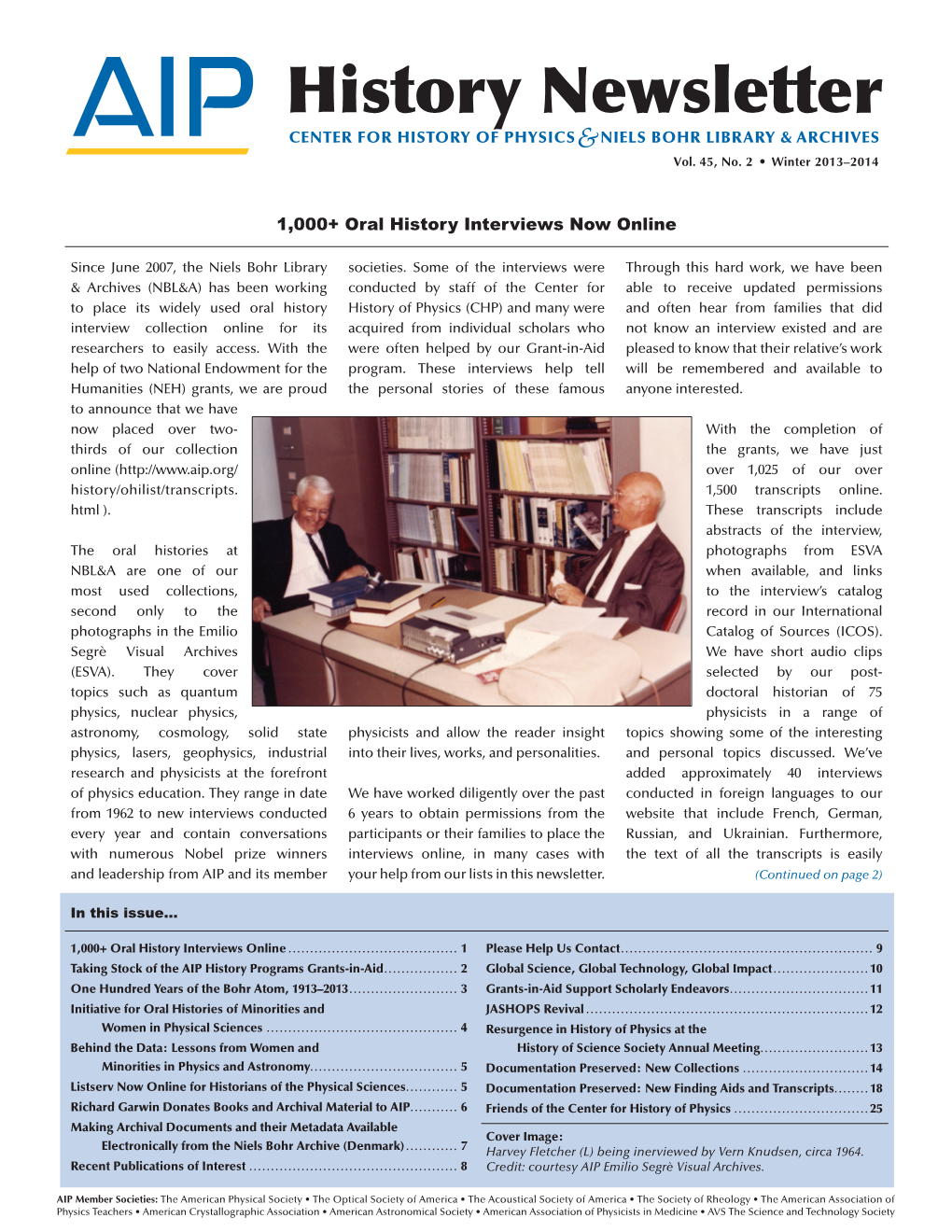 History Newsletter CENTER for HISTORY of PHYSICS&NIELS BOHR LIBRARY & ARCHIVES Vol