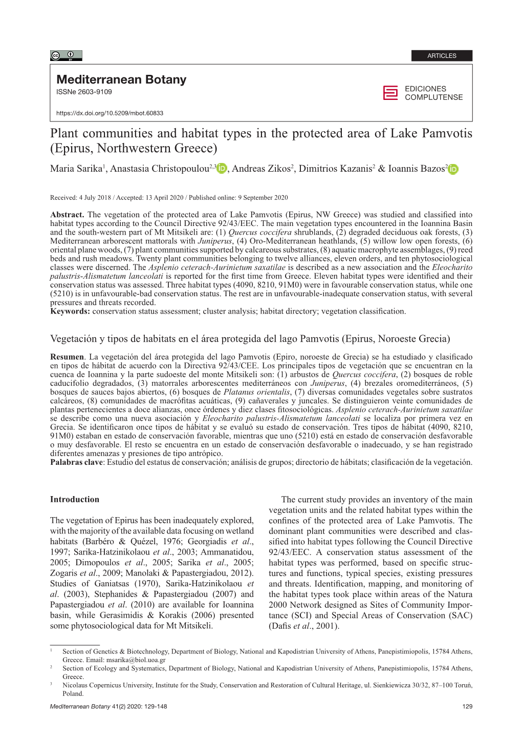 Plant Communities and Habitat Types in the Protected Area of Lake Pamvotis