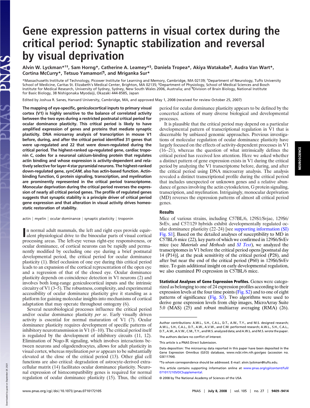 Gene Expression Patterns in Visual Cortex During the Critical Period: Synaptic Stabilization and Reversal by Visual Deprivation Alvin W