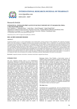 Congenital Anomalies Prevalence in Kumaun Region Of