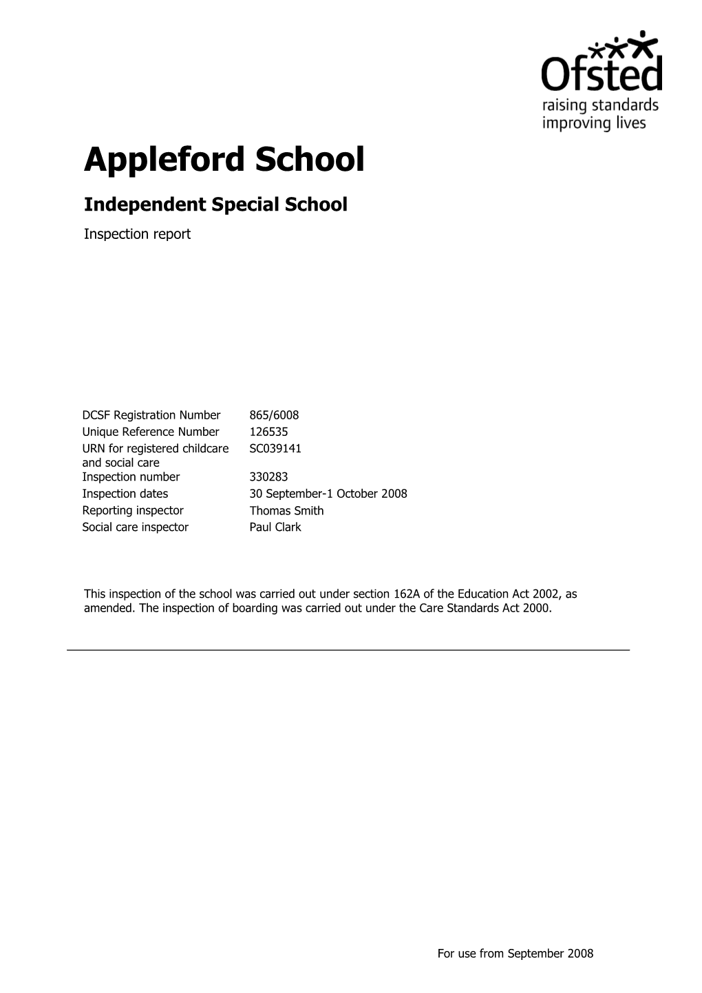 Appleford School Independent Special School Inspection Report