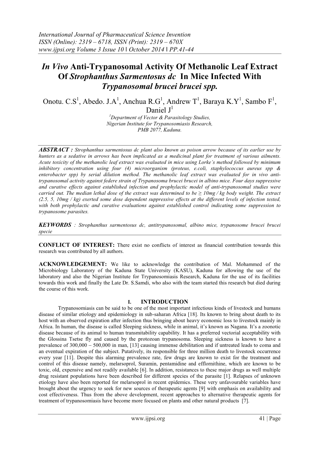 In Vivo Anti-Trypanosomal Activity of Methanolic Leaf Extract of Strophanthus Sarmentosus Dc in Mice Infected with Trypanosomal Brucei Brucei Spp