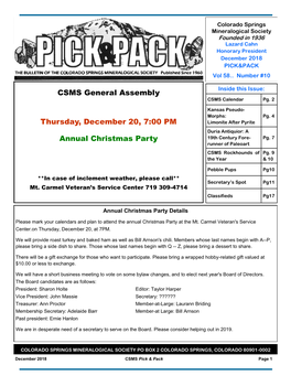 CSMS General Assembly Thursday, December 20, 7:00 PM Annual