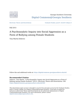 A Psychoanalytic Inquiry Into Social Aggression As a Form of Bullying Among Female Students