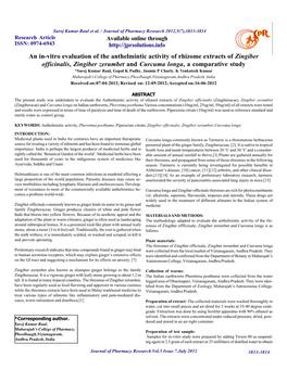 An In-Vitro Evaluation of the Anthelmintic Activity of Rhizome Extracts of Zingiber Officinalis, Zingiber Zerumbet and Curcuma L