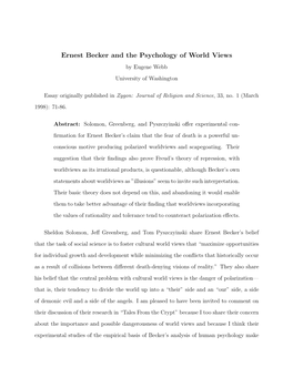 Ernest Becker and the Psychology of World Views by Eugene Webb University of Washington