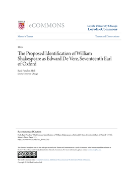 The Proposed Identification of William Shakespeare As Edward De Vere, Seventeenth Earl of Oxford