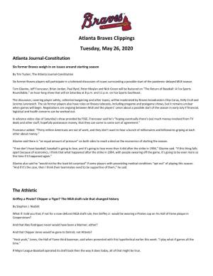 Atlanta Braves Clippings Tuesday, May 26, 2020 Atlanta Journal-Constitution