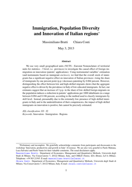 Immigration, Population Diversity and Innovation of Italian Regions∗