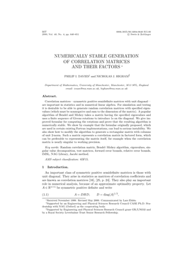 Numerically Stable Generation of Correlation Matrices and Their Factors ∗