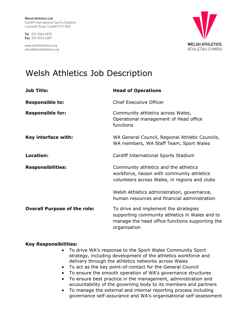 Welsh Athletics Job Description