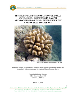 Petition to List the Cauliflower Coral in Hawaii