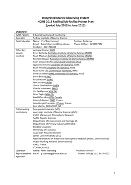 Integrated Marine Observing System NCRIS 2013 Facility/Sub-Facility Project Plan (Period July 2013 to June 2015)