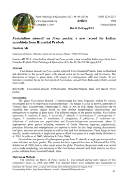 Fusicladium Ahmadii on Pyrus Pashia: a New Record for Indian Mycobiota from Himachal Pradesh Gautam AK