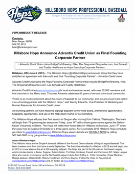 Hillsboro Hops Announce Advantis Credit Union As Final Founding Corporate Partner