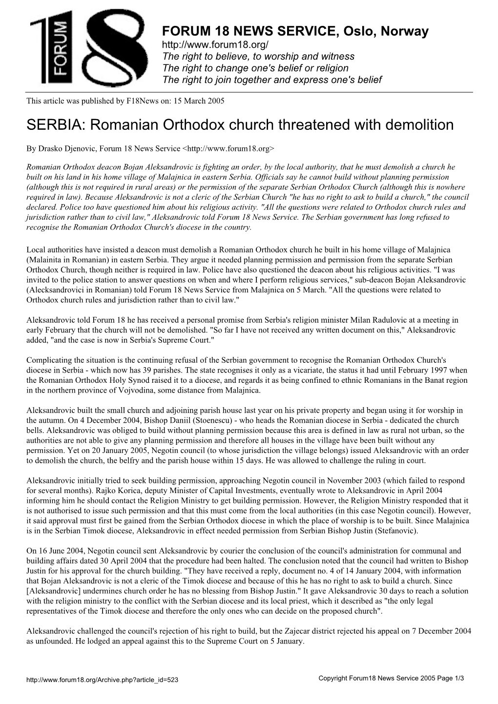 SERBIA: Romanian Orthodox Church Threatened with Demolition