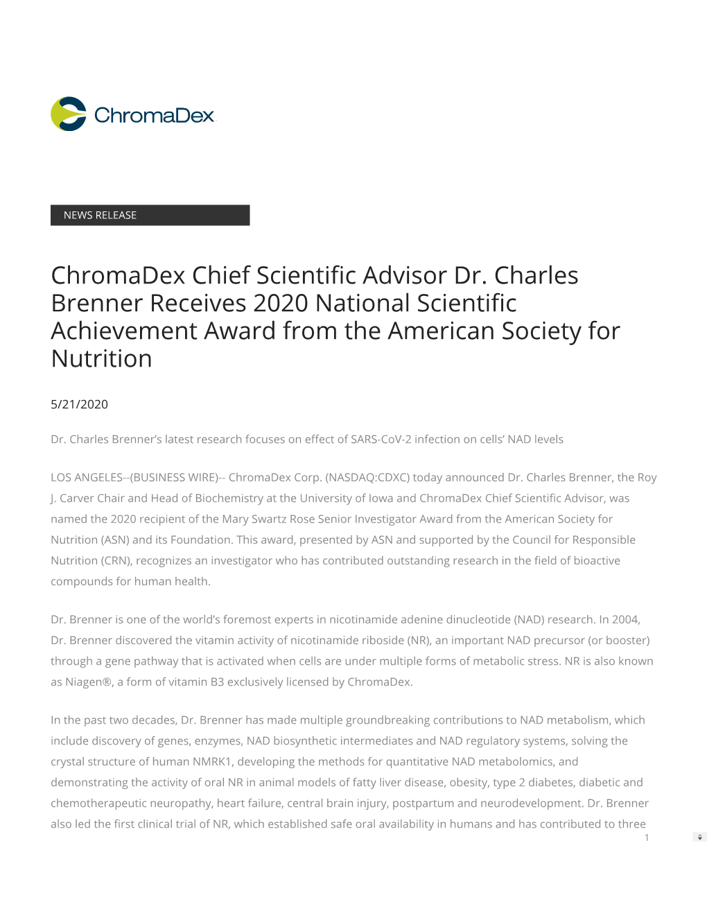 Chromadex Chief Scienti C Advisor Dr. Charles Brenner Receives 2020