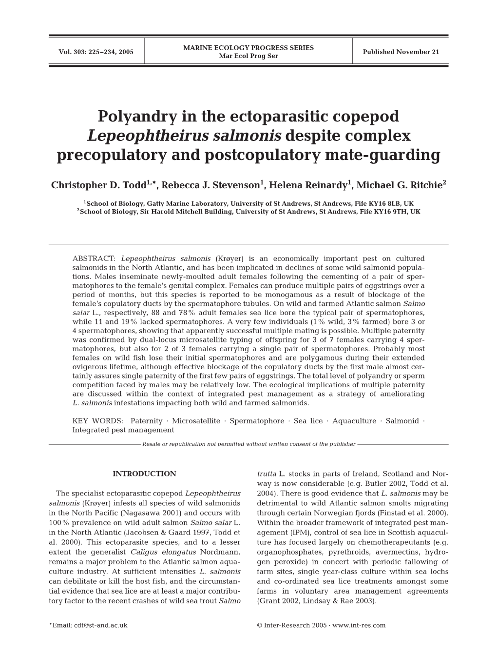 Polyandry in the Ectoparasitic Copepod Lepeophtheirus Salmonis Despite Complex Precopulatory and Postcopulatory Mate-Guarding