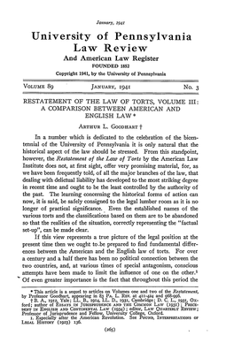 Restatement of the Law of Torts, Volume Iii: a Comparison Between American and English Law *
