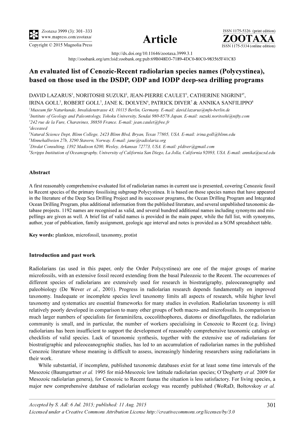 An Evaluated List of Cenozic-Recent Radiolarian Species Names (Polycystinea), Based on Those Used in the DSDP, ODP and IODP Deep-Sea Drilling Programs