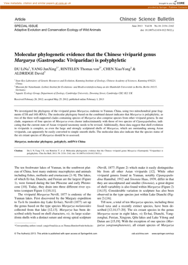 Molecular Phylogenetic Evidence That the Chinese Viviparid Genus Margarya (Gastropoda: Viviparidae) Is Polyphyletic