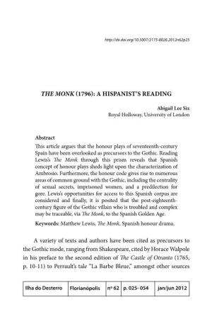 The Monk (1796): a Hispanist’S Reading