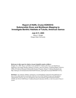 Report of HURL Cruise KOK0510: Submersible Dives and Multibeam Mapping to Investigate Benthic Habitats of Tutuila, American Samoa