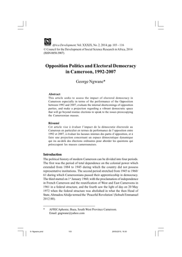 Opposition Politics and Electoral Democracy in Cameroon, 1992-2007
