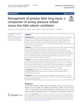 Management of Primary Blast Lung Injury: a Comparison of Airway Pressure Release Versus Low Tidal Volume Ventilation Timothy E