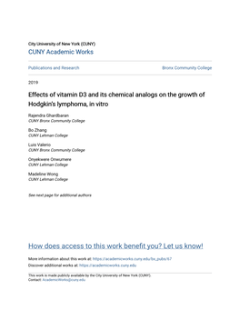 Effects of Vitamin D3 and Its Chemical Analogs on the Growth of Hodgkin's