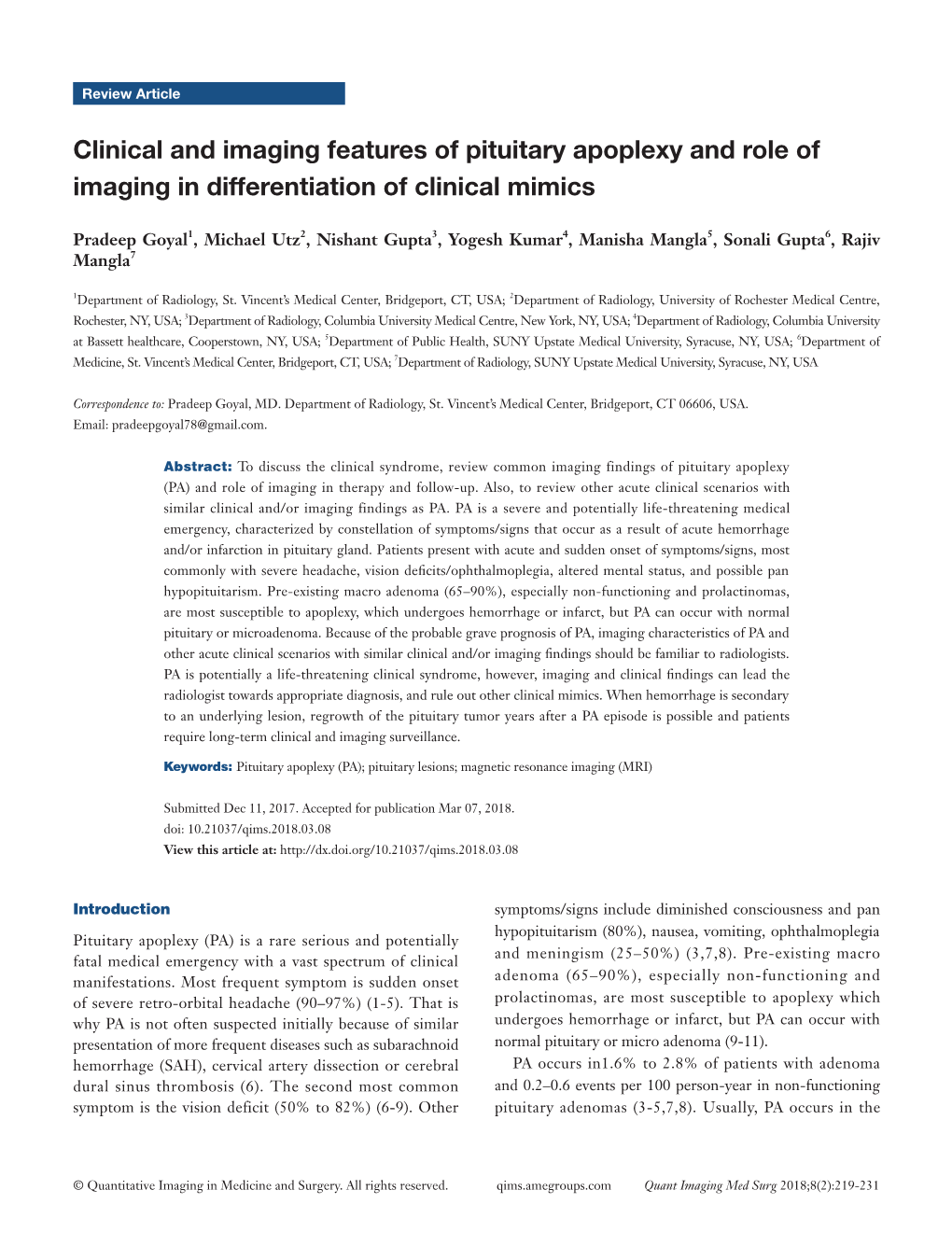 Clinical and Imaging Features of Pituitary Apoplexy and Role of Imaging in Differentiation of Clinical Mimics