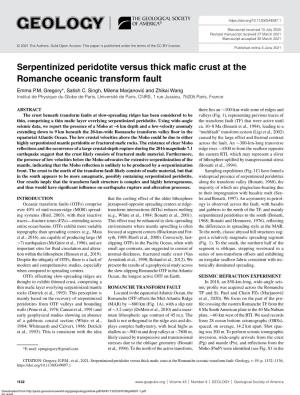 Serpentinized Peridotite Versus Thick Mafic Crust at the Romanche Oceanic Transform Fault Emma P.M