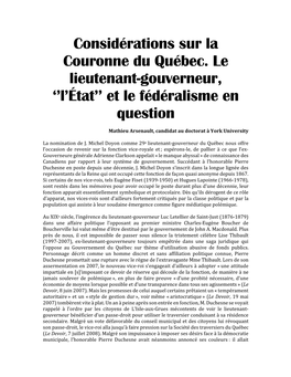 Considérations Sur La Couronne Du Québec. Le Lieutenant-Gouverneur, ‘’L’État’’ Et Le Fédéralisme En Question