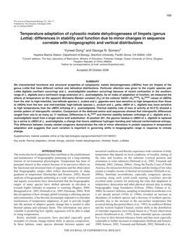 (Genus Lottia): Differences in Stability and Function Due to Minor Changes in Sequence Correlate with Biogeographic and Vertical Distributions