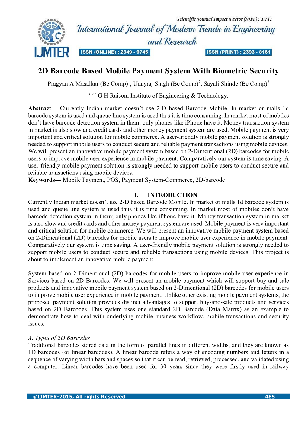 2D Barcode Based Mobile Payment System with Biometric Security