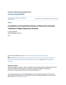 A Qualitative and Quantitative Review of Behavioral Activation Treatment of Major Depressive Disorder