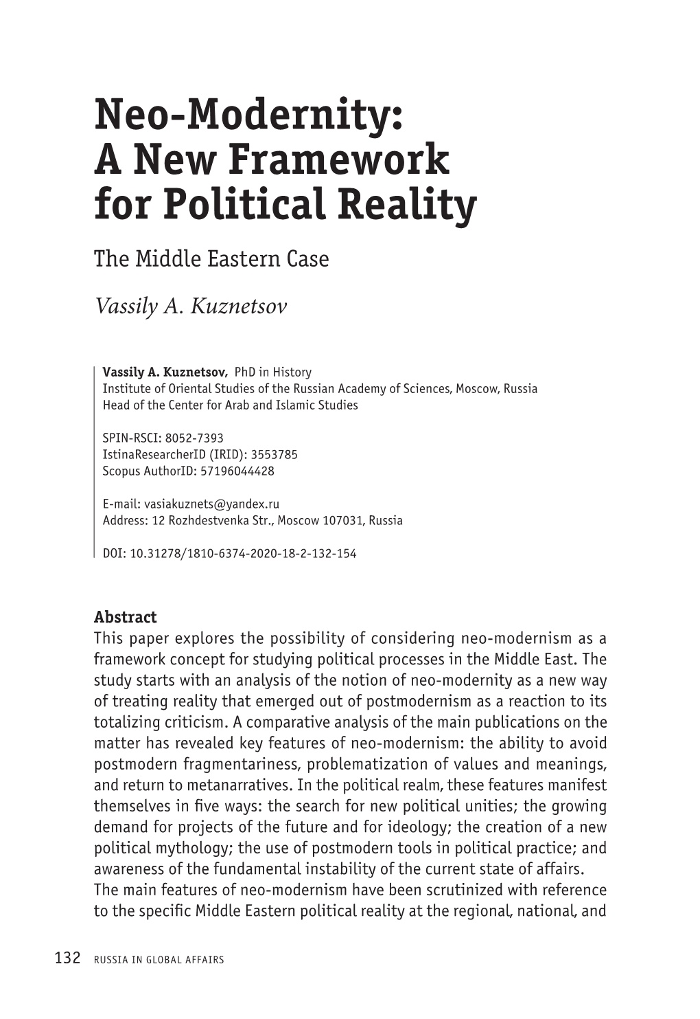 Neo-Modernity: a New Framework for Political Reality the Middle Eastern Case