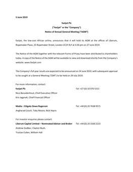 5 June 2019 Fastjet Plc ("Fastjet" Or the "Company") Notice of Annual General Meeting (“AGM”) Fastjet, T