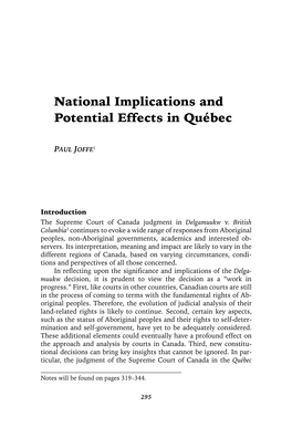 National Implications and Potential Effects in Quebec