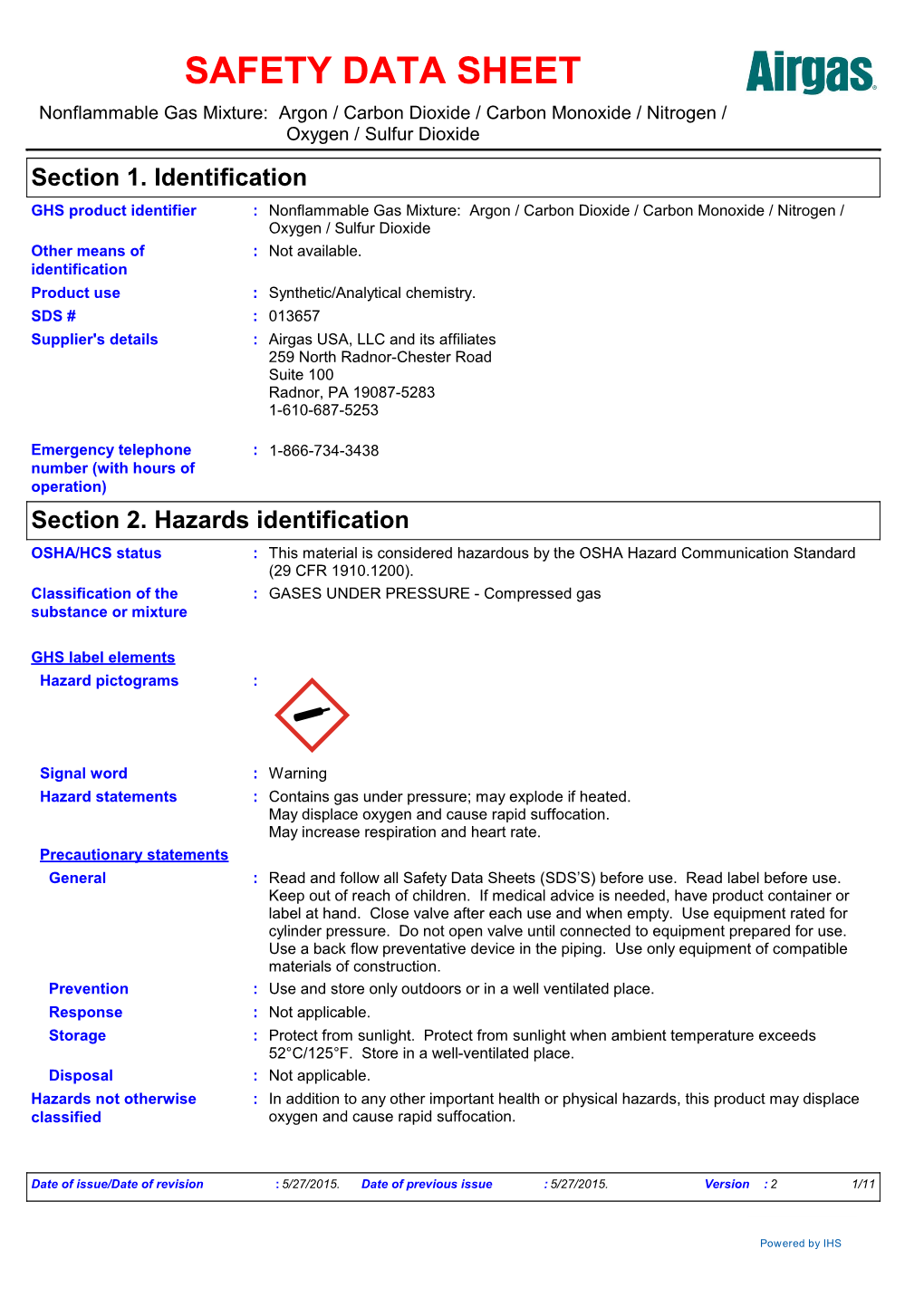 Section 2. Hazards Identification OSHA/HCS Status : This Material Is ...