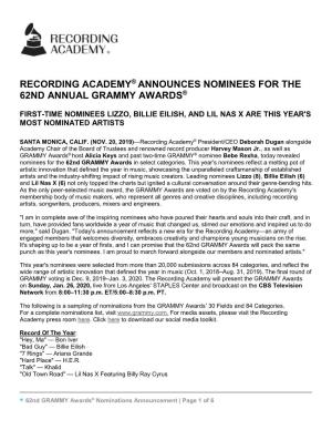 Recording Academy® Announces Nominees for the 62Nd Annual Grammy Awards®