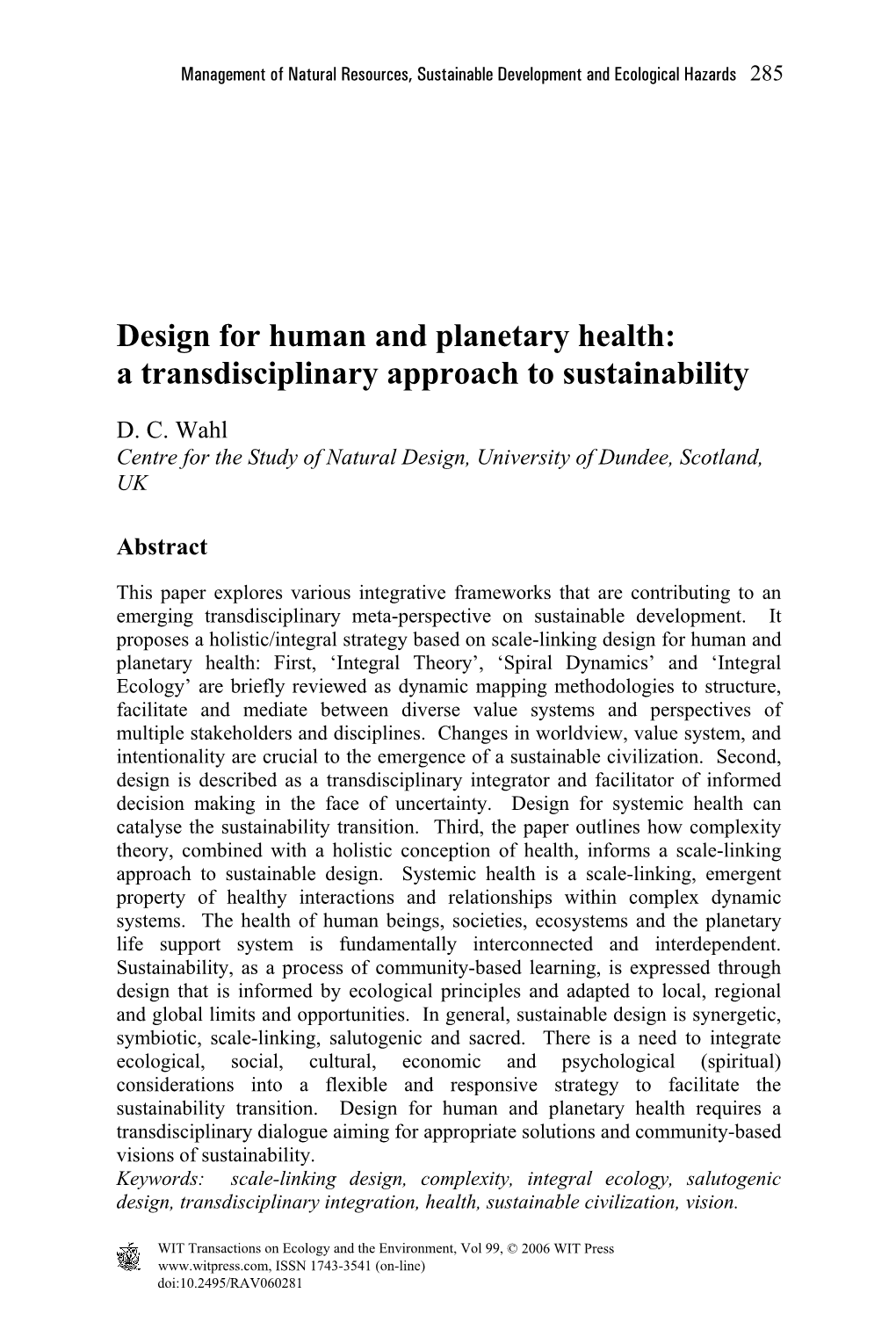 A Transdisciplinary Approach to Sustainability