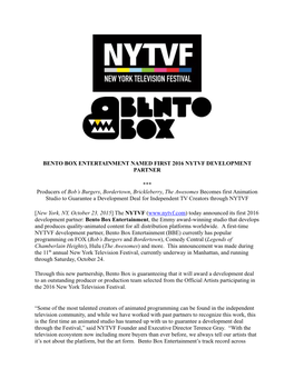 Bento Box Entertainment Named First 2016 Nytvf Development Partner