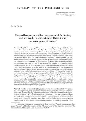 Planned Languages and Languages Created for Fantasy and Science-Fiction Literature Or Films: a Study on Some Points of Contact1